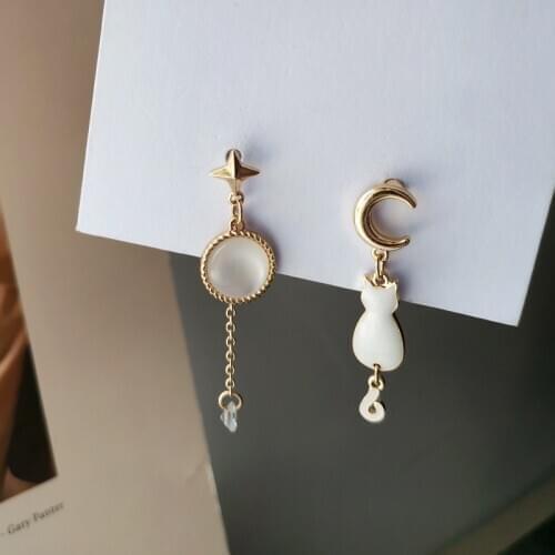 S925 needle Asymmetrical Star Moon Earrings 2020 New Design Opal With Cute Cat Dangle Drop Earrings For Girl Student Gifts
