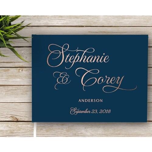 Personalised Navy Blue And Rose Foil, Wedding Guest Book Modern Guest Book cutom Rose Gold Foil, Wedding Guest Book Black Pages