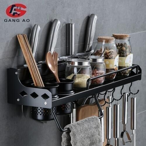 Kitchen Sapce Alumimum Black Shelves Cooking Utensil Hanging Shelf Spice Organizer With Hooks Kitchen Tools Holder Kitchen