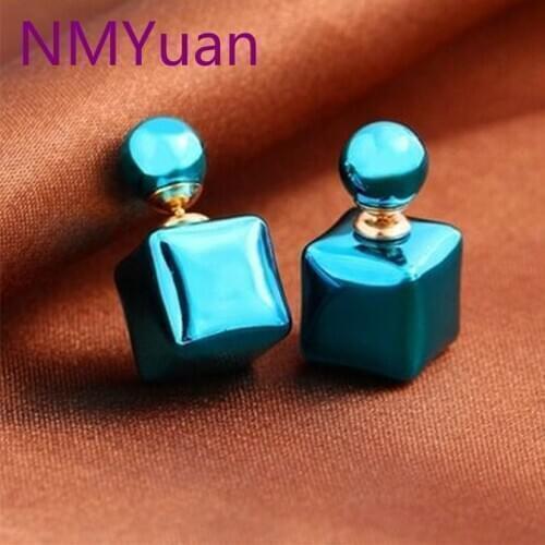 Sweet temperament Korean candy-colored square-sided color pearl earrings the size of the woman