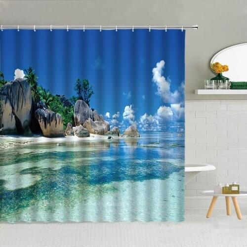 Seaside Resort Scenery Bathroom Shower Curtain Green Plants Animals Sea Beach Waves Bath Decor Waterproof Fabric Hooks Curtains