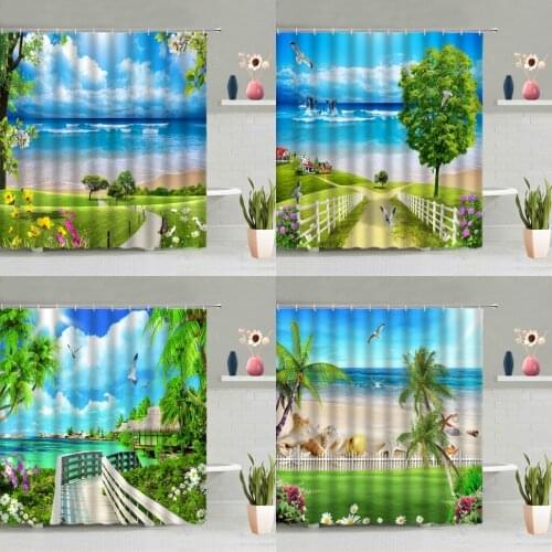 Ocean Scenery Non-Slip Bathroom Mat Green Palm Tree Plants Pink Flowers Dolphin Seagull Bathtub Decor Screen Washable With Hooks
