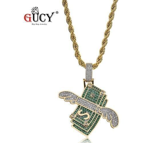 GUCY New Flying Cash Pendant Necklace Iced Out Micro Pave CZ Stones Hip Hop Pendants & Necklaces for Men Women