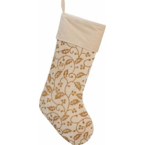 New arrivel set of 2 pcs Ivory Velvet design Holly Leaves Glitter BlingBling Printed with Velvet cuff Christmas stocking