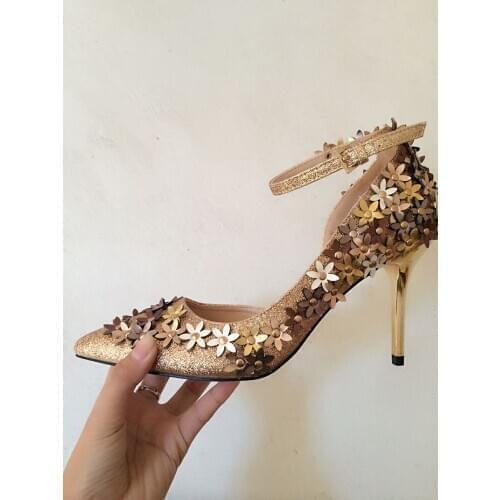 New fashion gold leather flower high heel shoes sexy pointed toe ankle strap woman pumps 2017 high quality stiletto heels