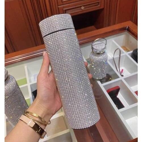 2pcs 500ml Creative Diamond Water Bottle Stainless Steel Smart Temperature Display Vacuum Flask Gift for Men Women W0069