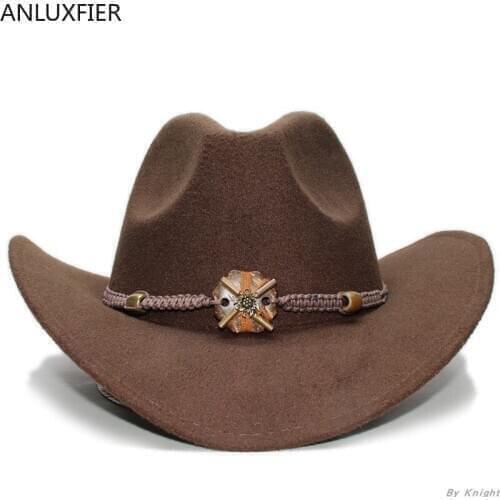 A186 Adult Knitting Belt Wool Hat Parent and Child 100% Wool West Cowboy Hat Large Brimmed College Style Bowler Hat Woolen Caps