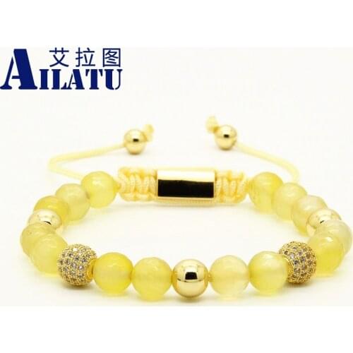 Ailatu Mens Jewelry Wholesale 10pcs/lot 8mm Faceted Yellow Stone Beads with Clear Cz Beads Macrame Bracelet
