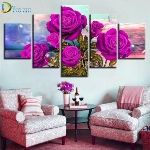 5 Pieces Diamond Painting Purple Rose Flower 5D Diamond Embroidery Poster Romantic Bubble Mosaic Cross Stitch Home Decor Art