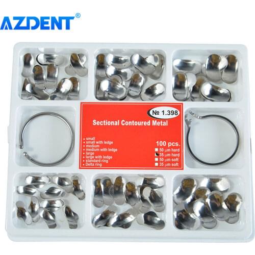 AZDENT 100Pcs/Box Dental Sectional Contoured Matrices Metal No.1.398 Size 35μm Hard with 2 Rings