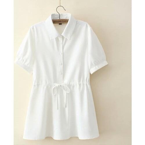 Plus size blouses tunics shirts summer 2021 womens clothing Short sleeve turn-down collar Drawstring Womens t-shirts white