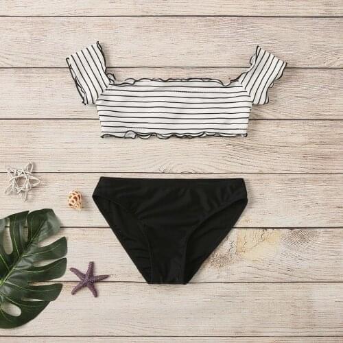 Toddler Kids Baby Girl Swimwear Knitted Striped Swimsuit Sleved Square Collar Bikini Summer Beach Swimming Beachwear 8-14 Years