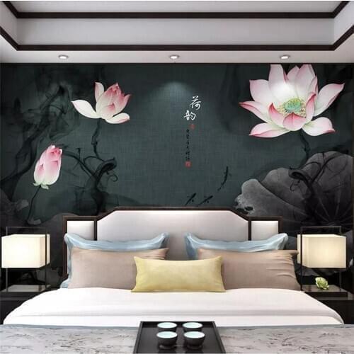 Wellyu New Chinese ink ink Zen lotus fish group background wall decoration painting custom large mural green wallpaper