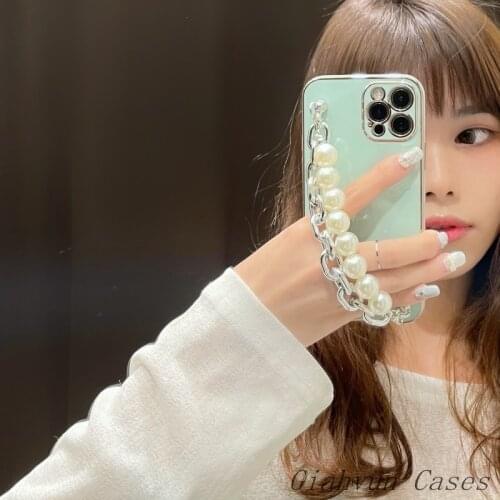 Ins Korea Plating Pearl Silver Strap Bracelet Soft Phone Case For iphone 12 Pro Max 11 Pro X XS XR Max 6S 7 8 Plus Mini SE Cover