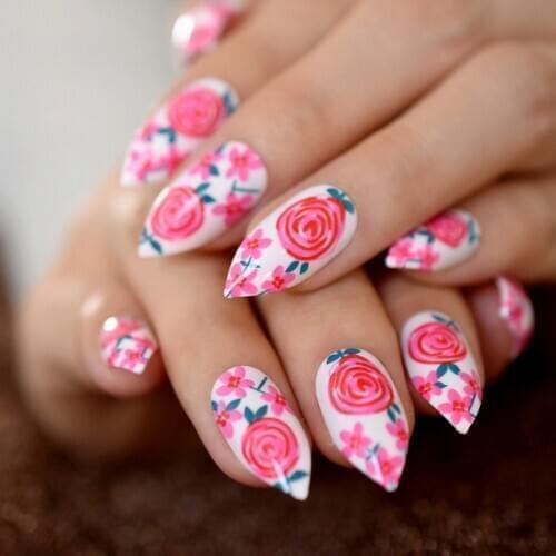 Flower Pattern Stiletto Artificial Nails Rose Red Lollipop White False Nails Sharpen Tips with Adhesive Sticker 24CT