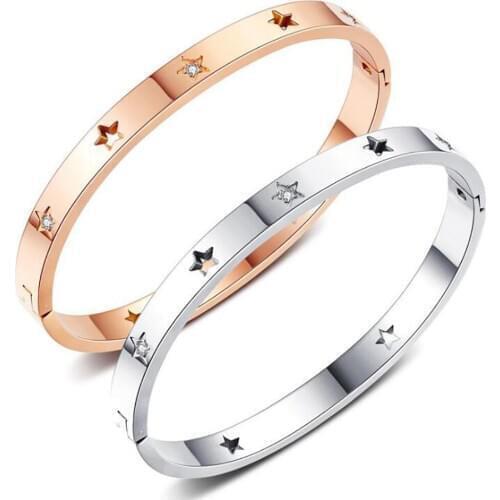 Stainless Steel Rose Gold Circle Star and Moon Bangle Crystal Bracelet Women Fashion Trend Brand Pure Bangle Gift For Him