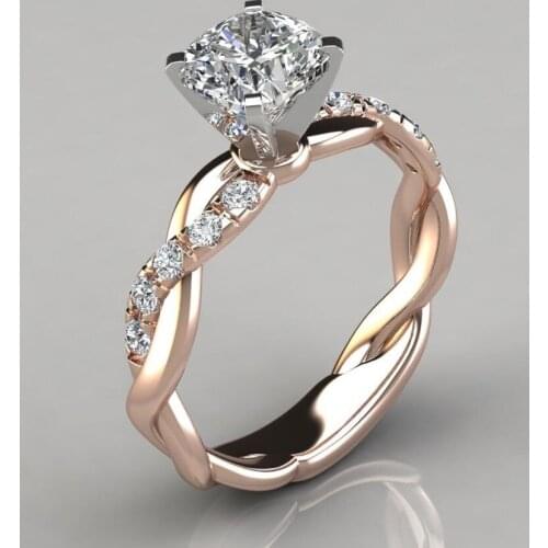 Hot Sale New Rose Gold Filled Two-Tone Love Princess Square Zircon Crystal Ring Wedding Engagement Promise Ring for Women