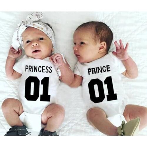 Newborn Twins Baby Bodysuit Girls Boys Clothes Princess and Prince Letter Print Casual Fashion Toddler Infant Jumpsuits Outfits