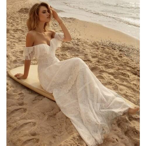 Boho Full Lace Wedding Dresses Beach 2021 Off The Shoulder Ruffles A Line Bridal Gowns Floor Length New white wedding gown