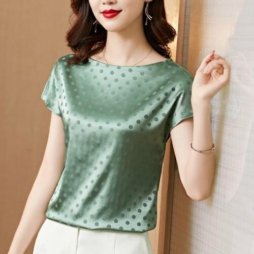 Summer Korean Silk T-shirts for Women Vintage Satin Tops for Women Bat Short Sleeves T Shirt Black Office Lady Shirts