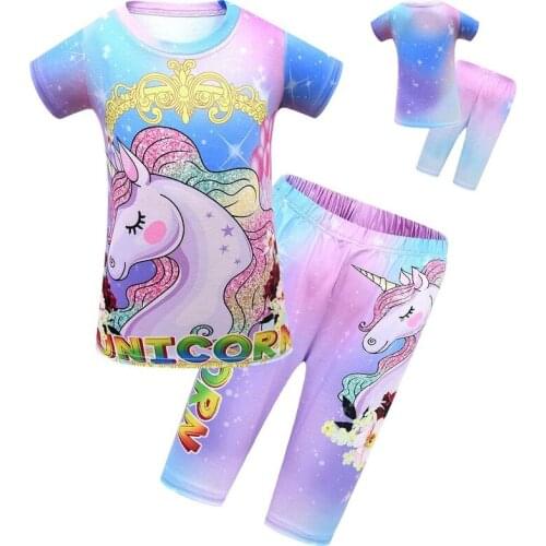 Summer pajamas for Girls unicorn suit childrens short-sleeved Print Cartoon five-point pants Kids Party loose two-piece suit