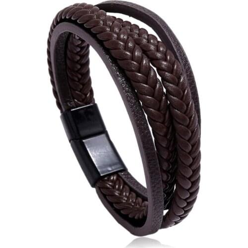 Trendy Mens Leather Bracelets Multi-layer Handwoven Weave Braslet Hiphop Rock Male Brazalete Present For Boyfriend Bijoux Homme