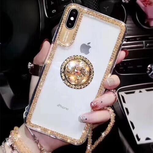 Fashion DIY Bling Diamond Crystal Ring Kickstand Holder Case Cover With Clear Chain For Iphone 11 Pro XS Max XR X 8 7 6 6S Plus