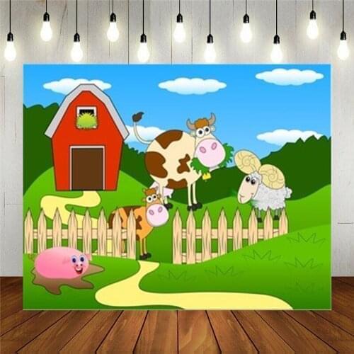 Cartoon Farm Barn Animal Pig Cow Sheep Boys Birthday Photography Backdrop Newborn Baby Shower Background Cake Table Decor Banner