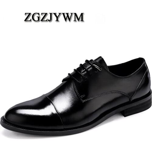 ZGZJYWM New Breathable Classic Business Lace-Up Solid Black/Red Pointed Toe Dress Genuine Leather Wedding Oxfords Shoes