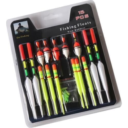15 Pcs Sea Fishing Floats Set Vertical Buoy Bobber Assorted Size for Most Type Angling Fish Accessory