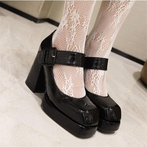 PXELENA NEW 2021 Fall Spring Women Chunky Block High Heels Gothic Shoes Square Toe Punk Party Lady Office Shoes Large Size 34-48