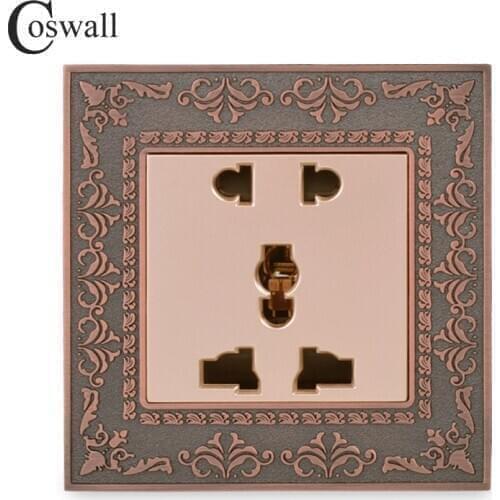 Coswall Embossing Retro Zinc Alloy Panel Wall Power Socket 13A Universal 5 Hole Outlet AC 110~250V