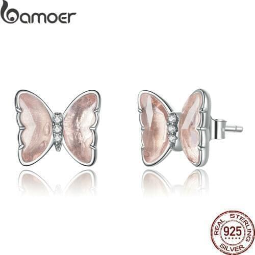 Bamoer Butterly Silver Stud Earrings Pure 925 Sterling Silver Animal Crystal Earring Gift for Girl Statement Jewelry SCE1013