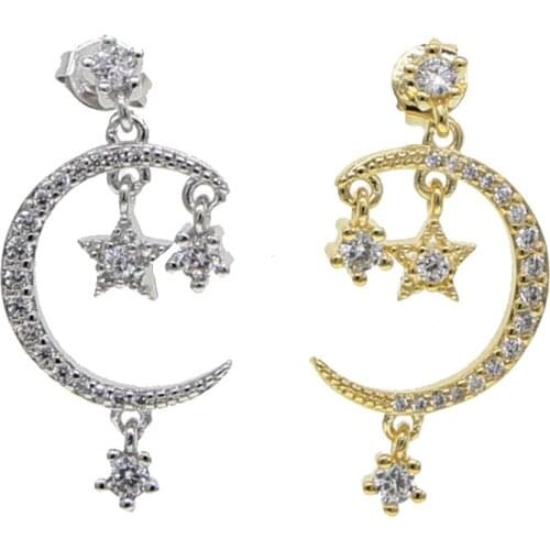 Sparking cz moon star earring gold silver color Sparking bling cubic zirconia fashion jewelry Christams gift
