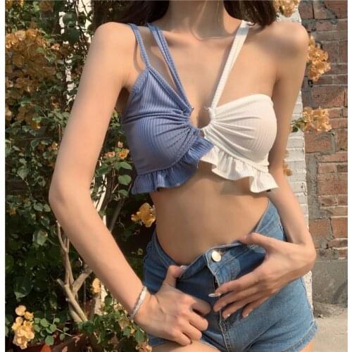 Blue Crop Top Women Clothing 2021 Fashion Hollow Out Camis Summer Clothes For Women High Street Sexy Tank Tops Sleeveless