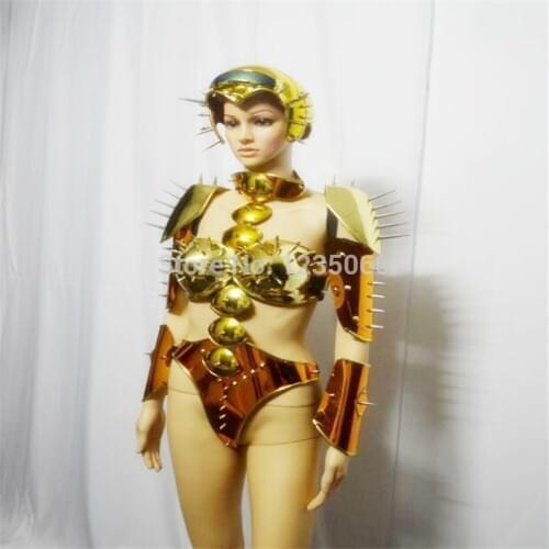Female singer stage wears robot suit rivets helmet clothe ds dress bodysuit model performance outfits mirror costume dance