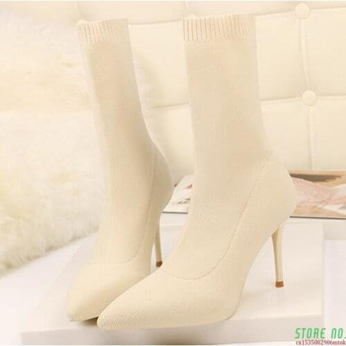 2021 Women Stretch Boots 7cm 9cm High Heels Fetish Women Ankle Boots Stripper White Low Heels Warm Female Autumn Winter Shoes