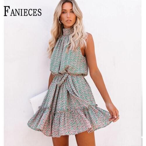 Womens Summer Boho Mini short party Dress Bohemian Halter Ruffle A-line Chic Sundress Sexy Backless Beach Holiday Dresses