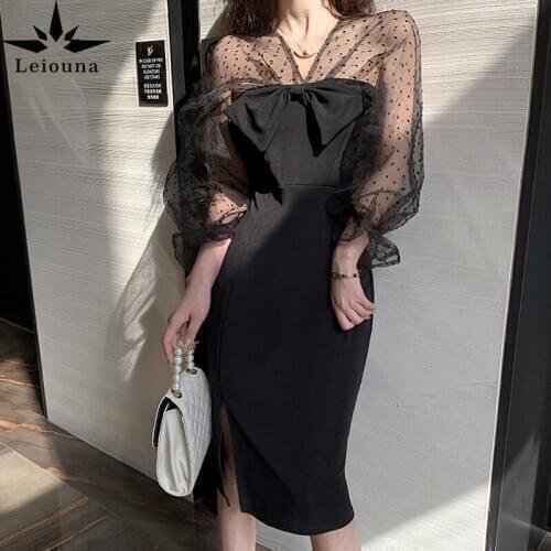 Leiouna V-NeckPuff Sleeve Woman 2021 Spring Autumn New Sheath Mesh Wave Point Korean Sexy Bodycon Fashion Vestidos Mini Dresses