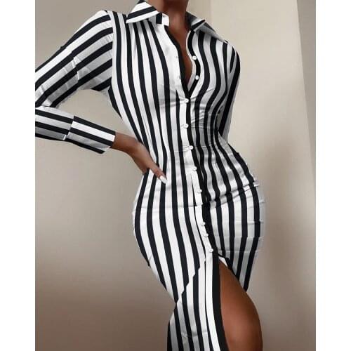 Women Fall Striped Floral Print Shirt Dress Sexy Female Turn-down Collar Slim Elegant Button Slim Party Office Dress Vestidos