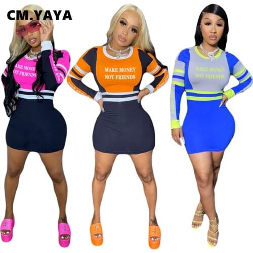 CM.YAYA Autumn Winter Make Money Not Friends Letter Print Women Long Sleeve Dress Activewear Bodycon Midi Mini Dresses