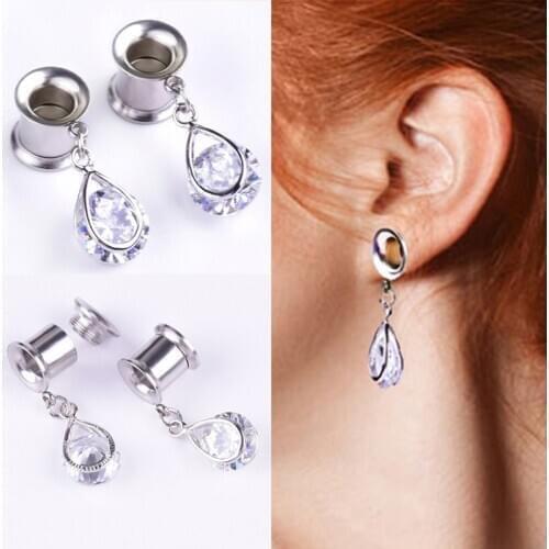 1Pc Water Drop Crystal Zircon Ear Plugs Tunnels Gauges Expanders Double Flares Ear Plug Flesh Tunnel Piercing Steel Body Jewelry