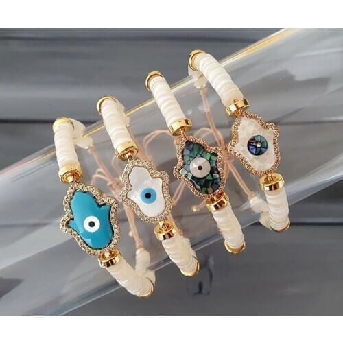 10Pcs Blue White Color Enamel Hamsa Hand Charms Connector White Shell Disc Heishi Beads Cord Knotted Adjustable Bracelet Jewelry