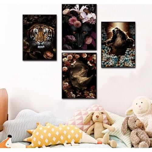 Abstract Animals and Flowers Printed Poster Elephant Tiger Leopard Wall Art Modern Canvas Painting Living Room Nordic Home Decor