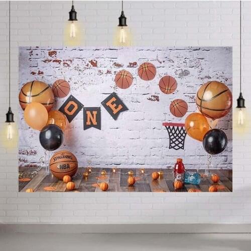 Basketball Theme Photography Backdrop Baby Boy 1st Birthday Cake Smash Portrait Background Basketball Balloons Decoration Poster