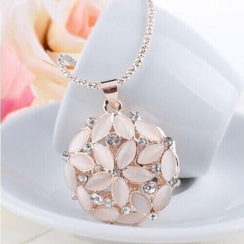 BLUELANS Woman Opal Rhinestone Hollow 3D Flower Pendant Necklace Gold Sweater Long Chain Fashion Jewelry
