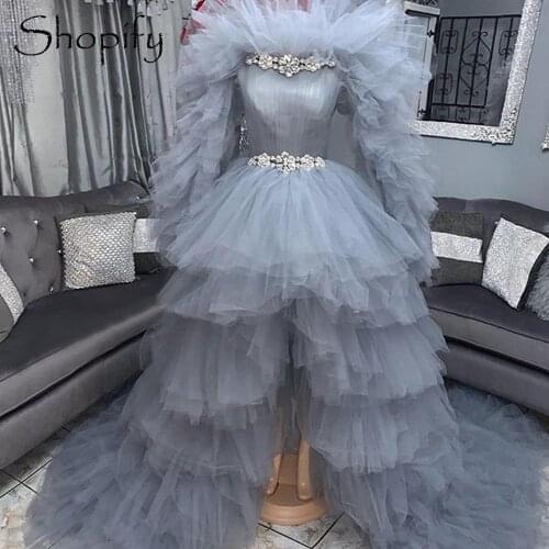 Long Evening Dress 2021 Short Front And Long Back High Low Long Sleeve Ruffles Silver Tulle African Women Formal Gowns