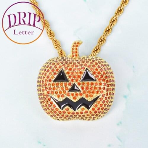 Orange Color Pumpkin Pendant Bling Iced Cubic Zircon Necklace Chain Mens Hip Hop Jewelry 4mm Tennis Chain Halloween Gift
