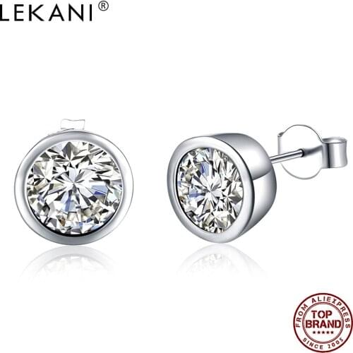 LEKANI Stud Earrings For Women Silver Plated Inlaid Round Zircon Copper Earrings Female Fashion Jewelry Simple Anniversary Gift