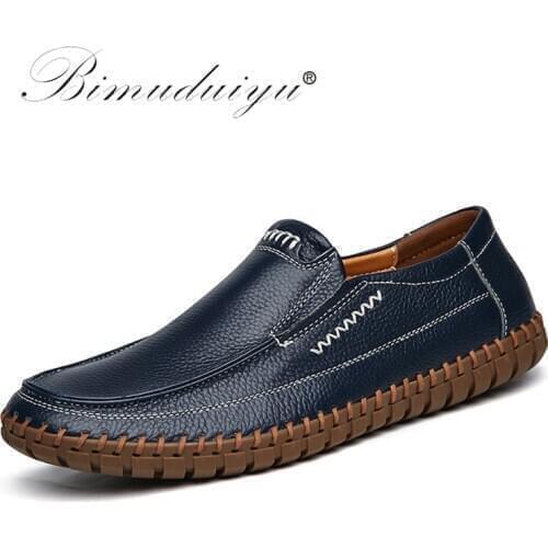 BIMUDUIYU Handmade Real Leather Men Shoes Genuine Leather Slip On Causal Shoes Breathable Loafers Mens Moccasins Shoes Big Size